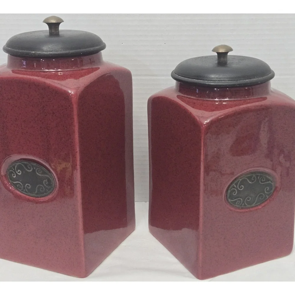 Vtg PIER 1 Import Rustic Brick Red 2 Ceramic Canister Jars W/Vacuum Lip Lid Set